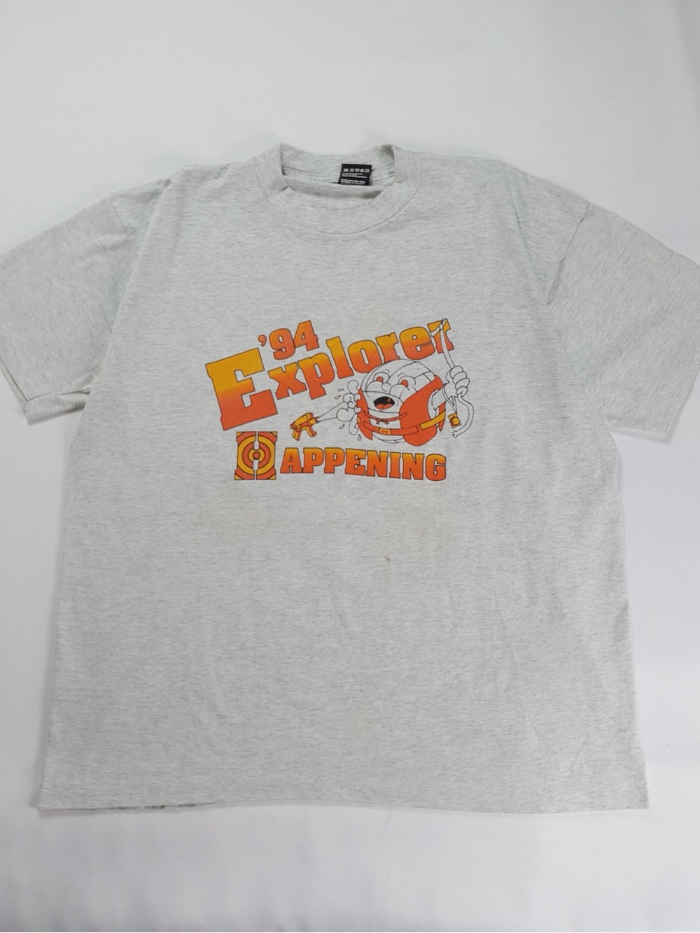Vintage '94 Explorer Happening T-Shirt Ash Gray Graphic Tee 1994 Single Stitch